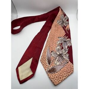 Vintage Burgundy Red Damask Floral Wide Necktie Geometric Peach Lavender Tie